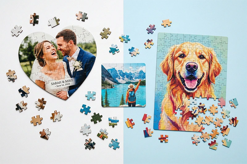 Ассортимент пазлов на заказ: деревянный МДФ в форме сердца, лакированный картон А4 и текстильный фотопазлы