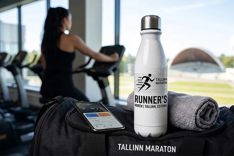 Белая термобутылка с логотипом Таллиннского марафона на спортивной сумке в тренажерном зале. Термобутылки со своим дизайном и логотипом