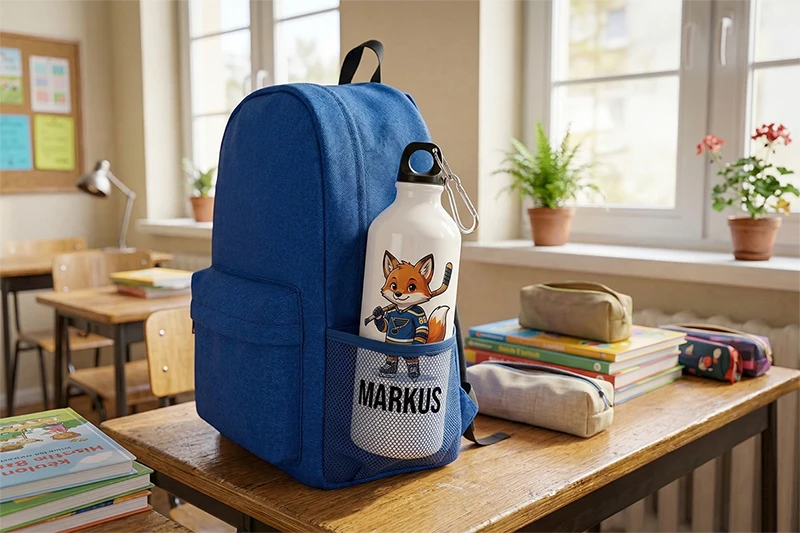 Детская спортивная бутылка для школы с напечатанным именем и рисунком в кармане рюкзака