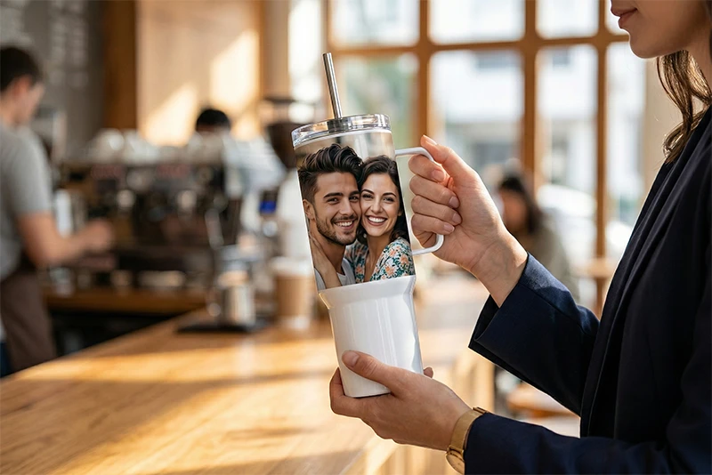 Девушка в кафе держит белый термостакан с металлической трубочкой и напечатанной фотографией влюбленной пары. Фото на термокружках на заказ