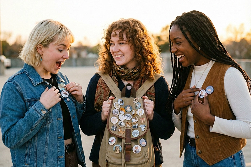 Кастомные закатные значки со своим принтом и картинками на городском рюкзаке