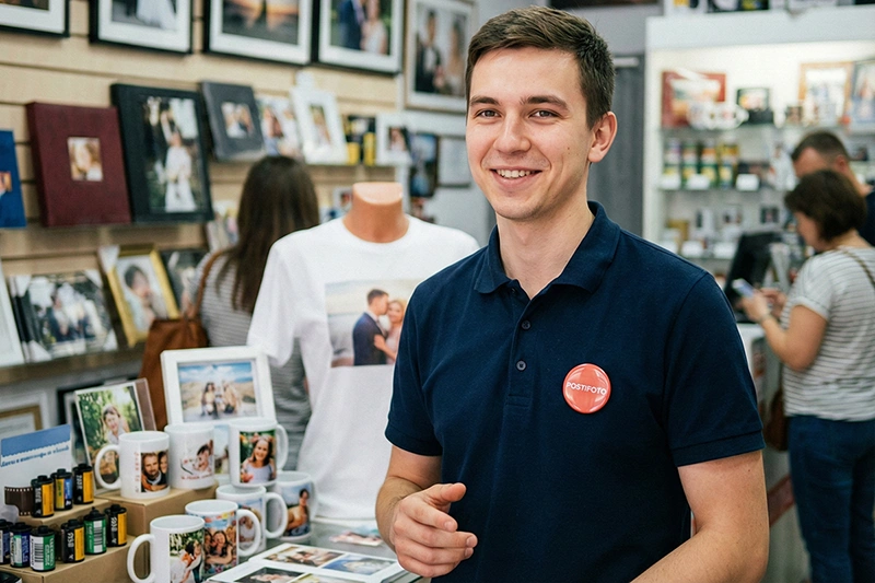 Корпоративный закатной значок с логотипом Postifoto на униформе сотрудника