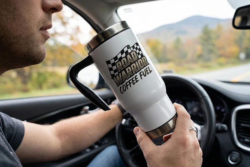 Мужчина за рулем автомобиля держит белую автокружку с черной ручкой и индивидуальным принтом. Печать на термокружках