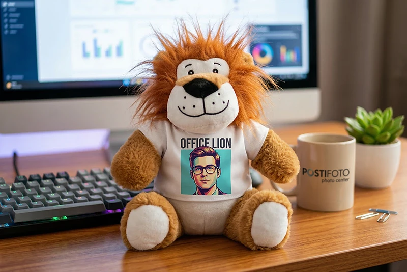Мягкая игрушка лев с персональным принтом на футболке на офисном рабочем столе