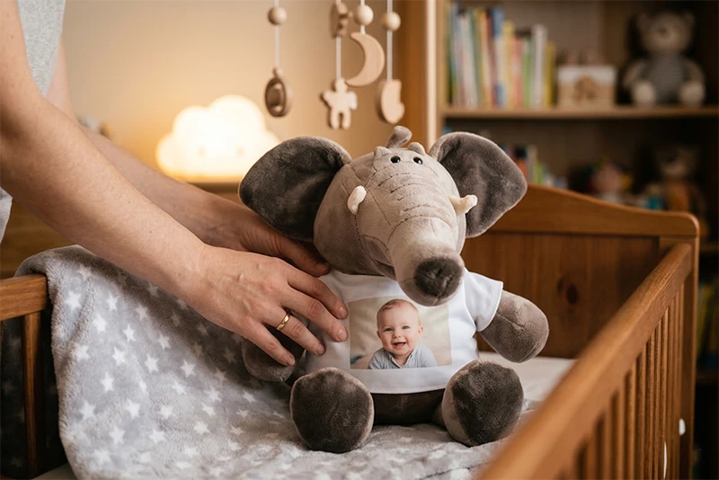 Плюшевый слон с фотографией малыша на мини-майке — трогательный сувенир для ребенка