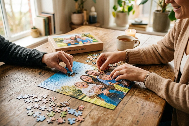 Процесс сборки картонного пазла по фото формата А4 с ярким семейным снимком на деревянном столе