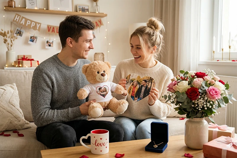 Romantiline fotomeene: pehme kaisukaru mini-t-särgis, millele on trükitud paari foto