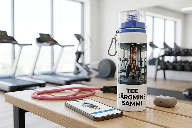 Спортивная бутылка для фитнеса с напечатанной фотографией и надписью рядом со смартфоном с открытым онлайн-конструктором