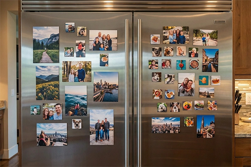 Perepiltidega fotomagnetite tellimine: valge magnettahvli kujundamine fotode, märkmete ja laste joonistustega