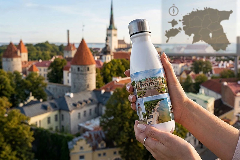 Женские руки держат на фоне Старого города Таллинна белую термобутылку, на которой напечатан фотоколлаж. Термобутылка с фото